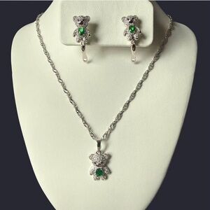 Silver Teddy Bear Pendant Necklace and Earrings Set with Green Accent